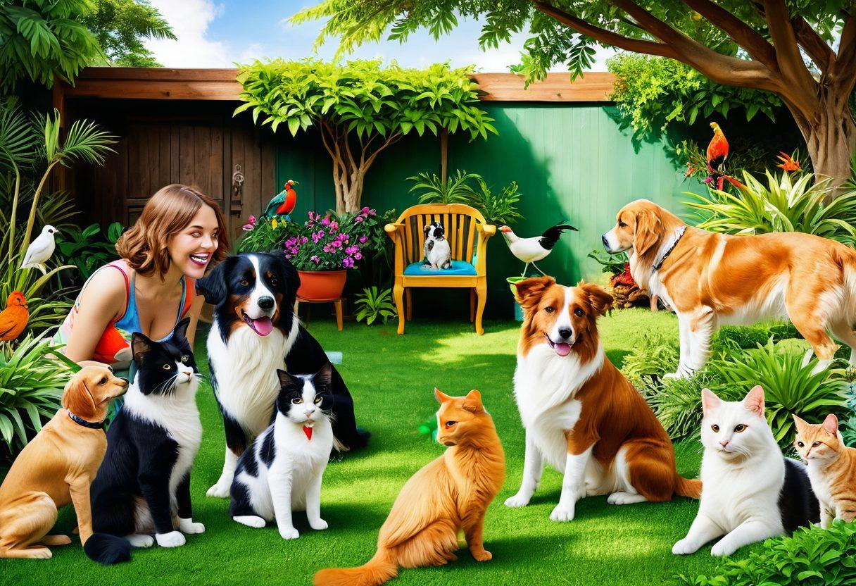 A vibrant scene featuring a diverse group of animals including dogs, cats, birds, and exotic pets in a lively, outdoor setting with lush greenery and playful elements. Show people engaging with the animals through grooming, playing, and feeding, reflecting care and entertainment. Add elements like animal toys, food bowls, and cozy shelters. super-realistic. vibrant colors.