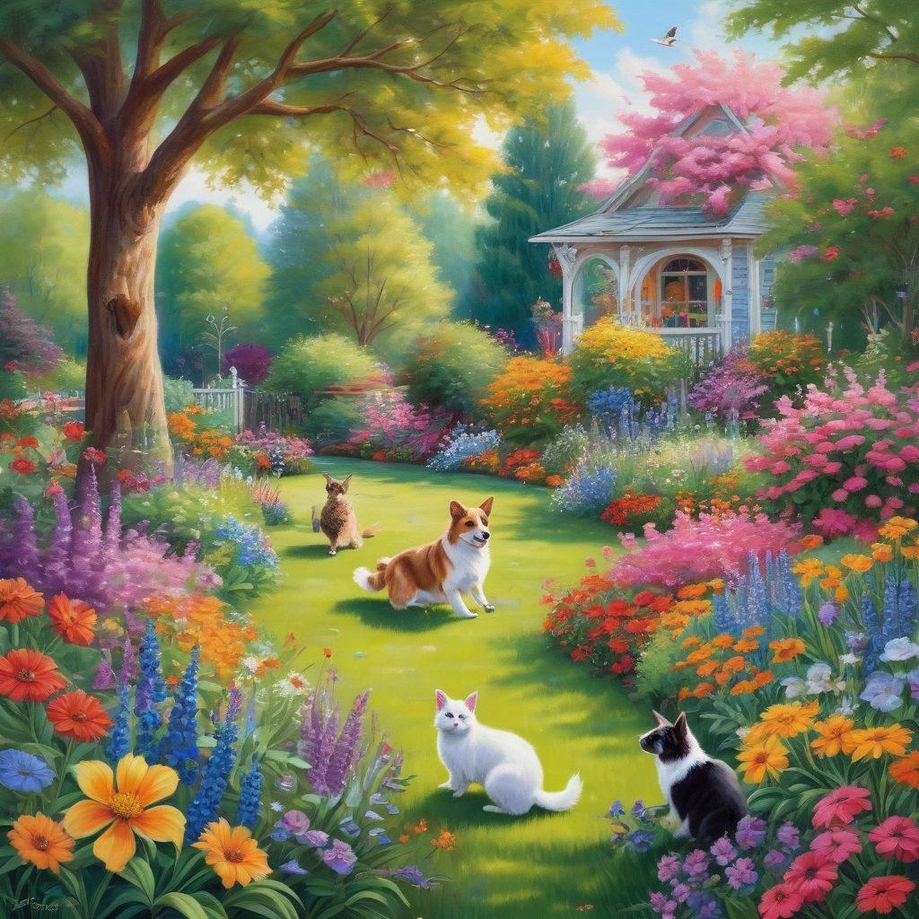 A joyful scene with various pets (dogs, cats, rabbits, and birds) engaging in fun hobbies and games; dogs catching frisbees, cats playing with yarn balls, rabbits hopping through obstacle courses, and birds mimicking tunes. Background of a bright, lush garden with colorful flowers and trees. Painting. vibrant colors. whimsical style.
