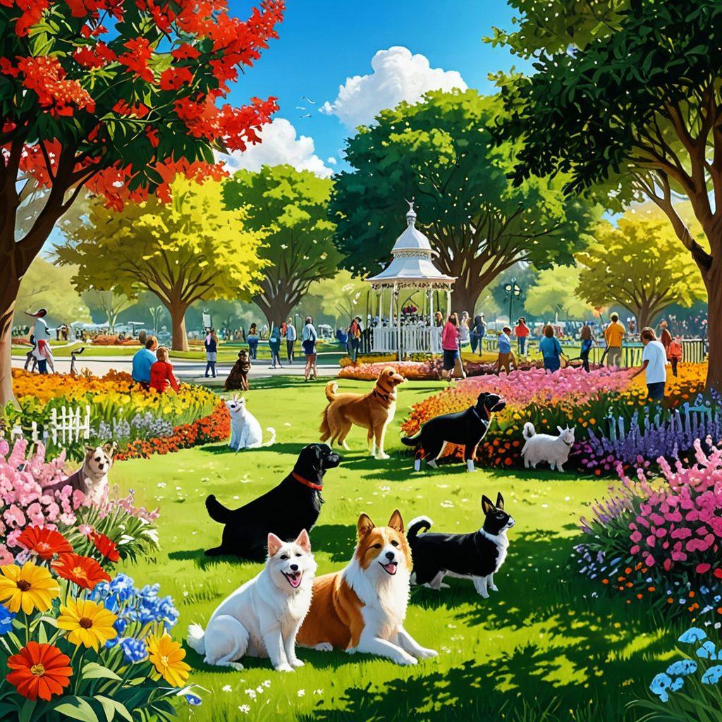 A whimsical scene of animal lovers engaged in fun activities with various pets like dogs, cats, rabbits, and birds in a vibrant park. People are playing, grooming, and bonding with their furry friends. The background showcases a vivid, lush park with bright flowers, a sunny sky, and cheerful colors. Super-realistic. Vibrant colors. White background.